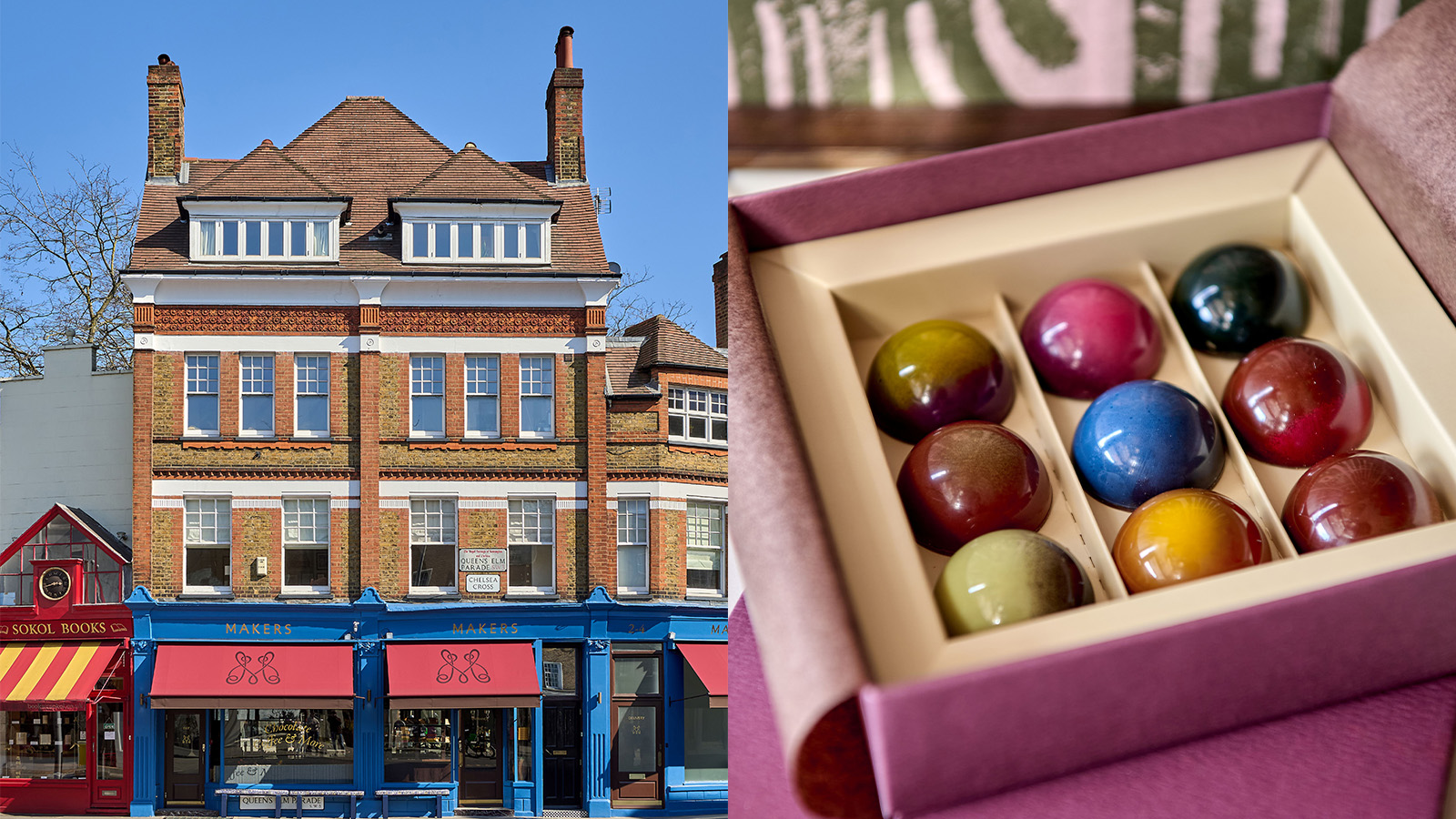 Exterior of Makers, London's new healthy chocolate shop, and colourful spherical chocolates in a box