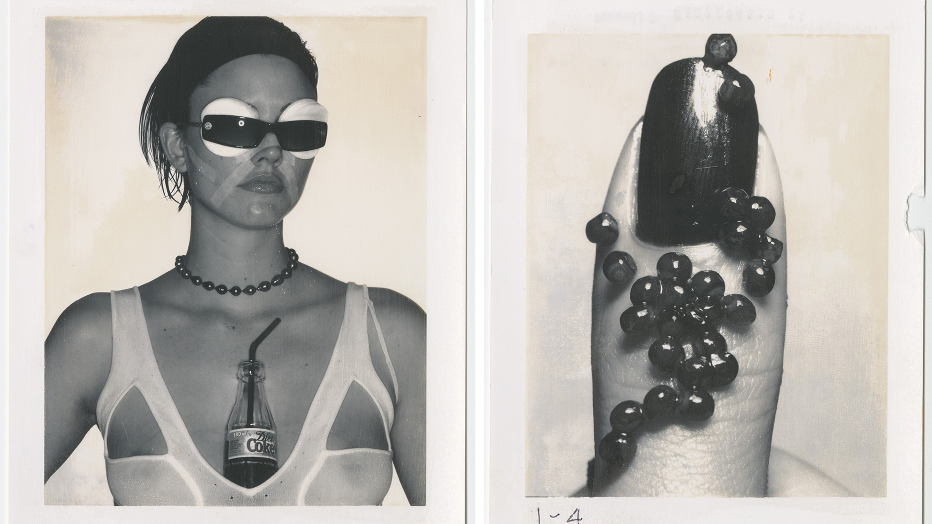 Donna Trope Polaroids for past beauty shoots, showing model with Coke bottle in bra top, and a painted nail adorned with caviar