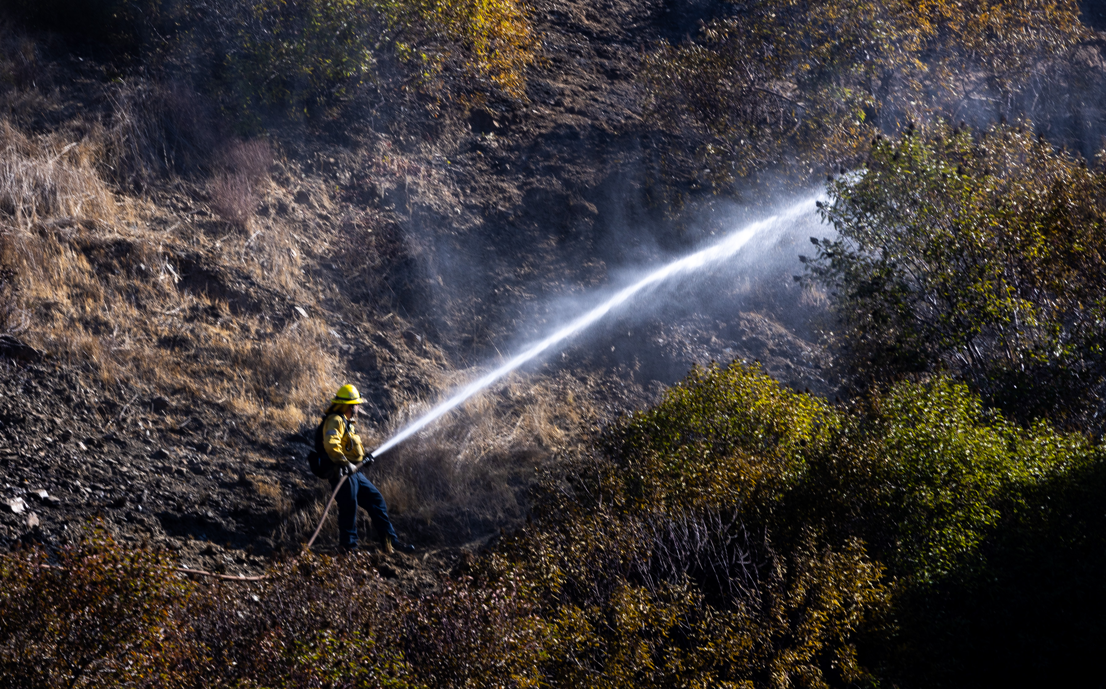 Los Angeles landscape: A Los Angeles city firefighter douses a hot spot as firefoighters mop up a brush fire in steep terrain in the Sepulveda Pass, stopped at just over 40 acresThursday, Jan. 23, 2025 in Los Angeles, CA