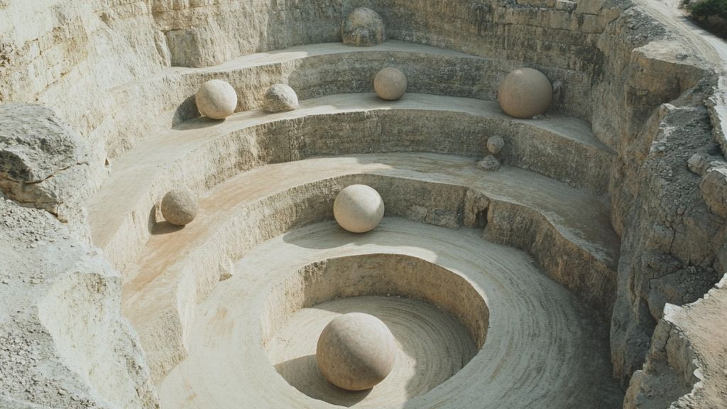 Spherical stone sculptures in quarry