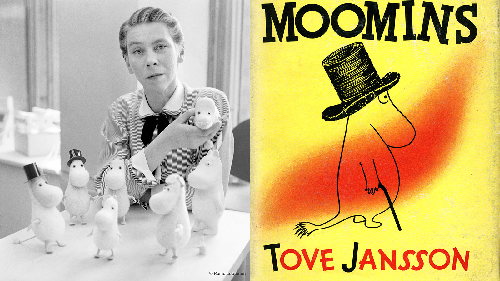 Left: T ove Jansson with Moomindolls. &copy; Reino Loppinen. Right: First US edition of Finn Family Moomintroll from 1952&copy; Moomin Characters